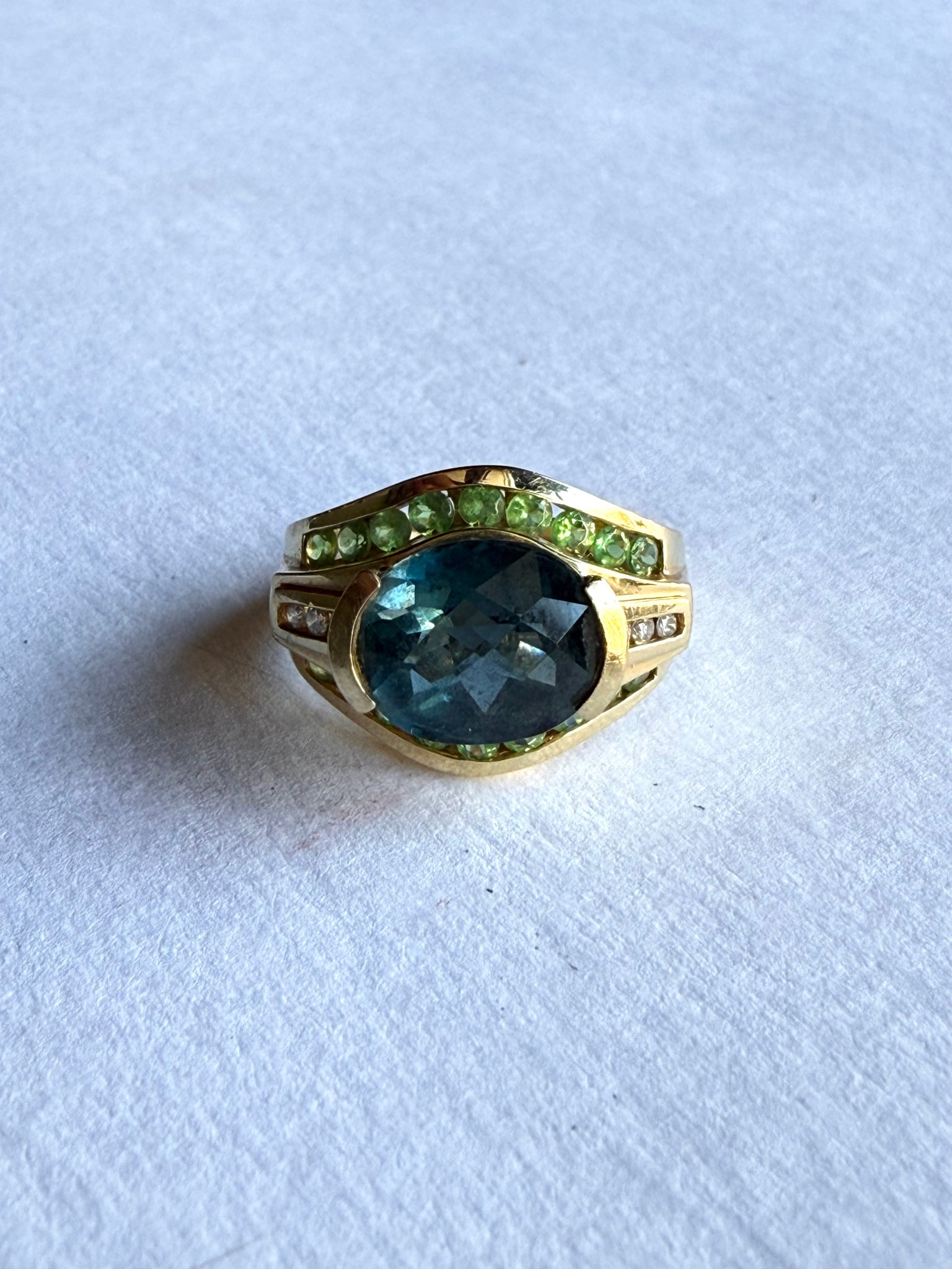 Gold Blue Topaz, Peridot, Diamond Cocktail Ring