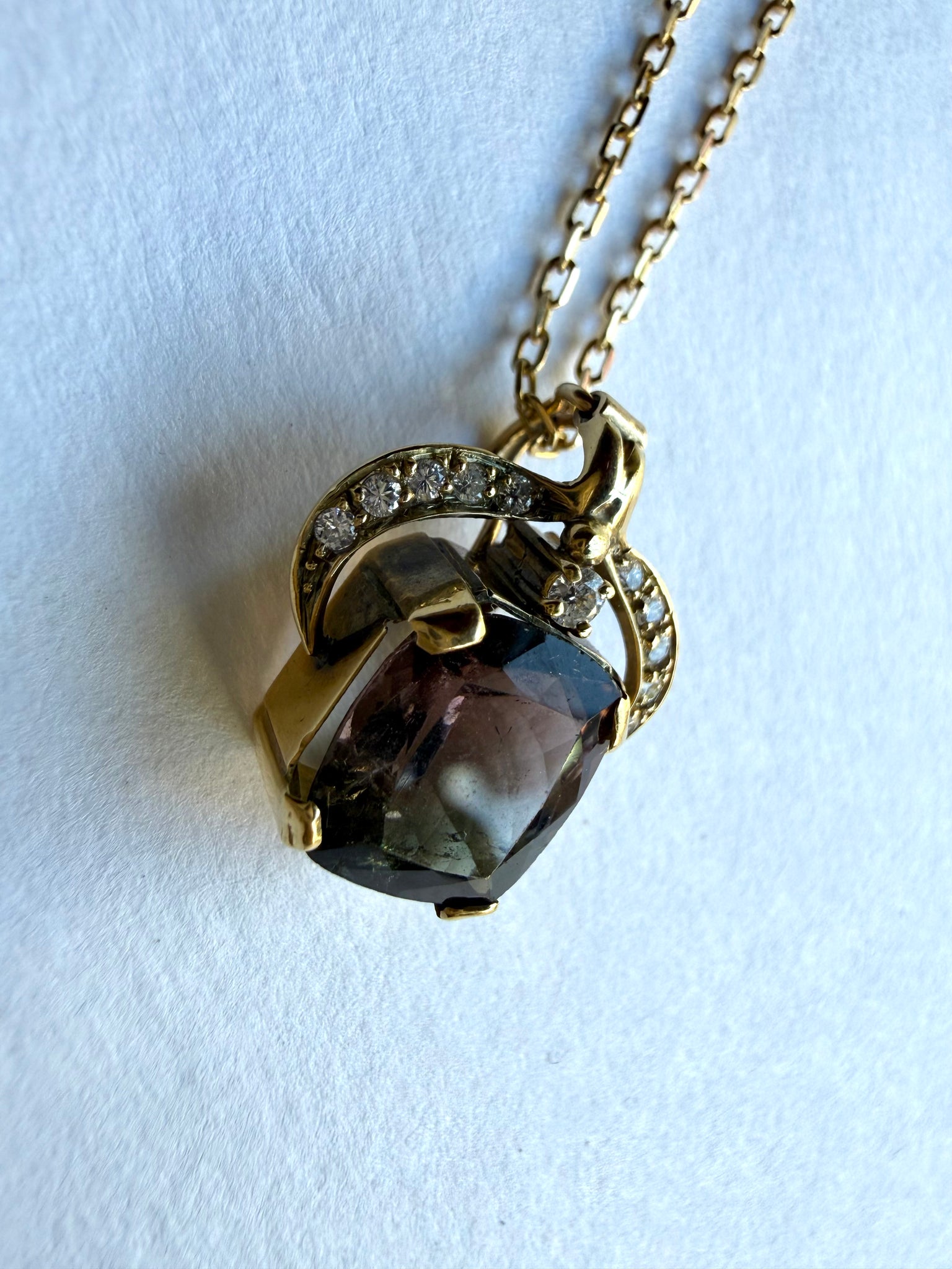 Vintage Gold Pendant Necklace with Smokey Topaz Quartz Stone & Diamonds