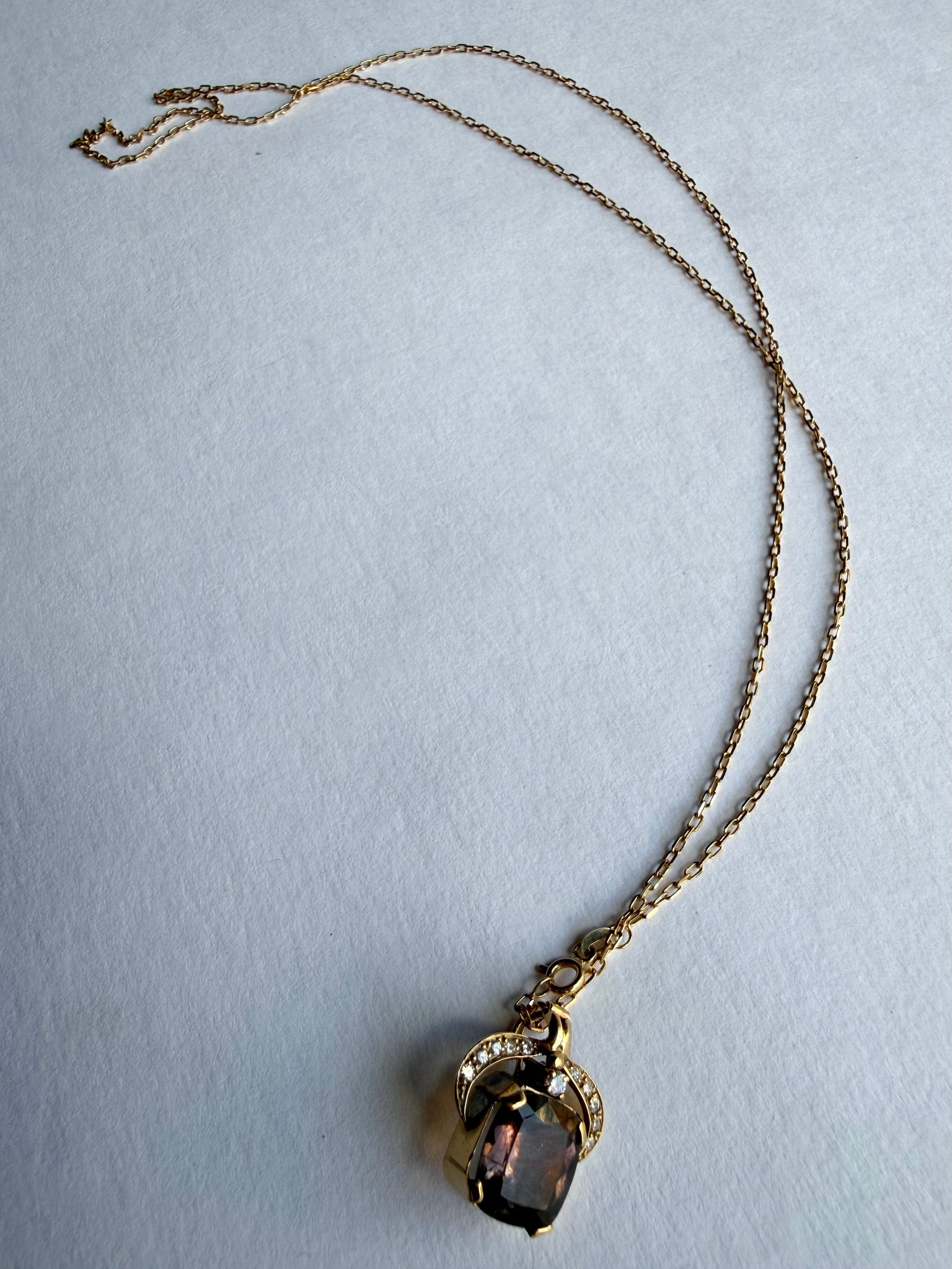 Vintage Gold Pendant Necklace with Smokey Topaz Quartz Stone & Diamonds