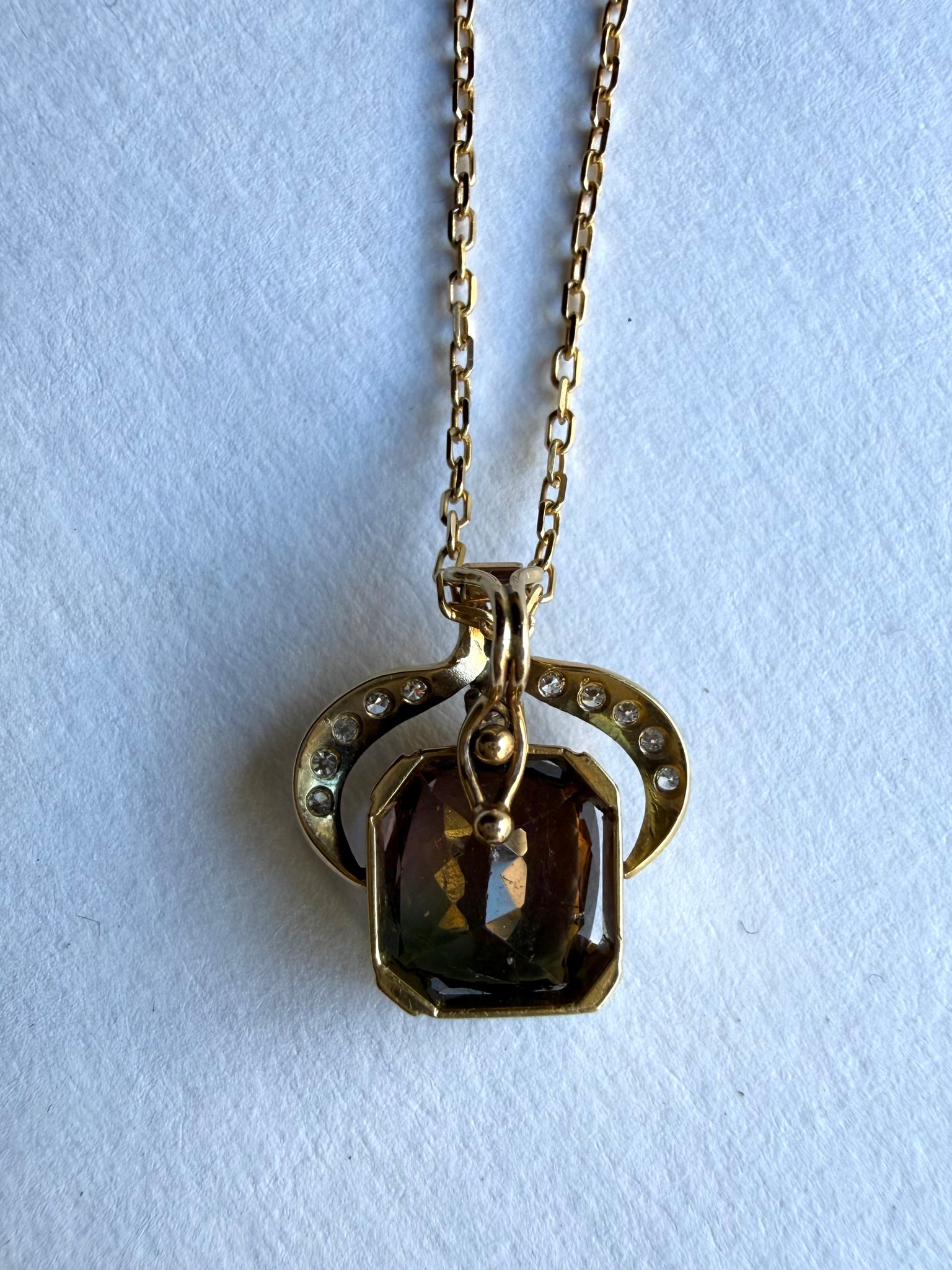 Vintage Gold Pendant Necklace with Smokey Topaz Quartz Stone & Diamonds