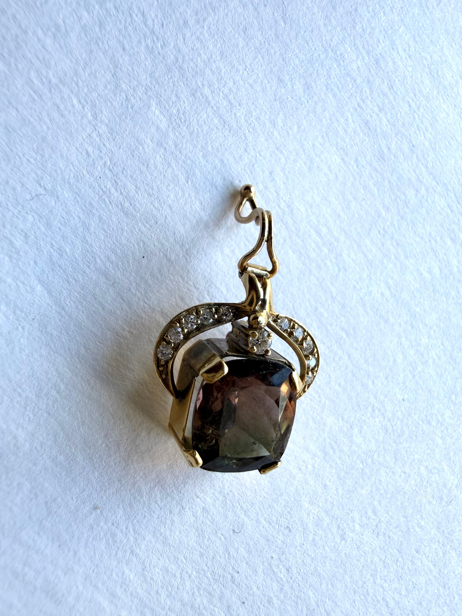 Vintage Gold Pendant Necklace with Smokey Topaz Quartz Stone & Diamonds