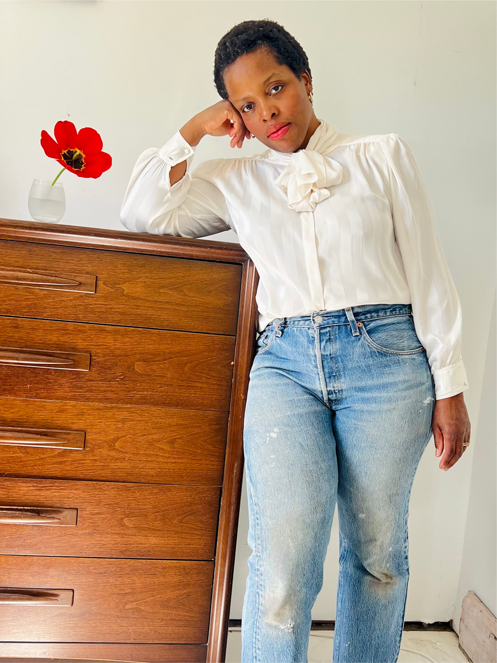 Striped Cream Shirt with Bow
