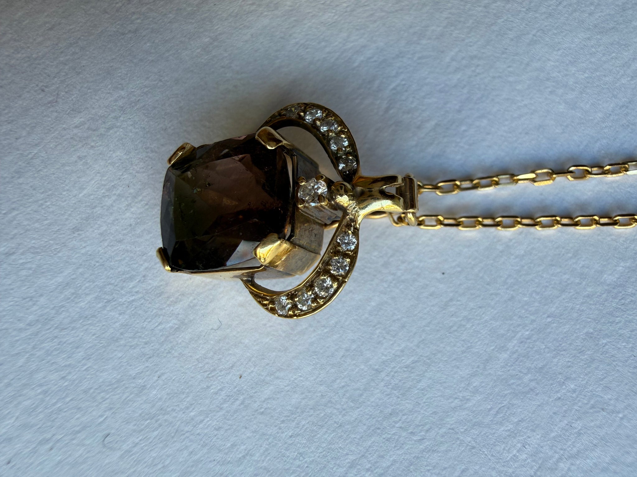 Vintage Gold Pendant Necklace with Smokey Topaz Quartz Stone & Diamonds