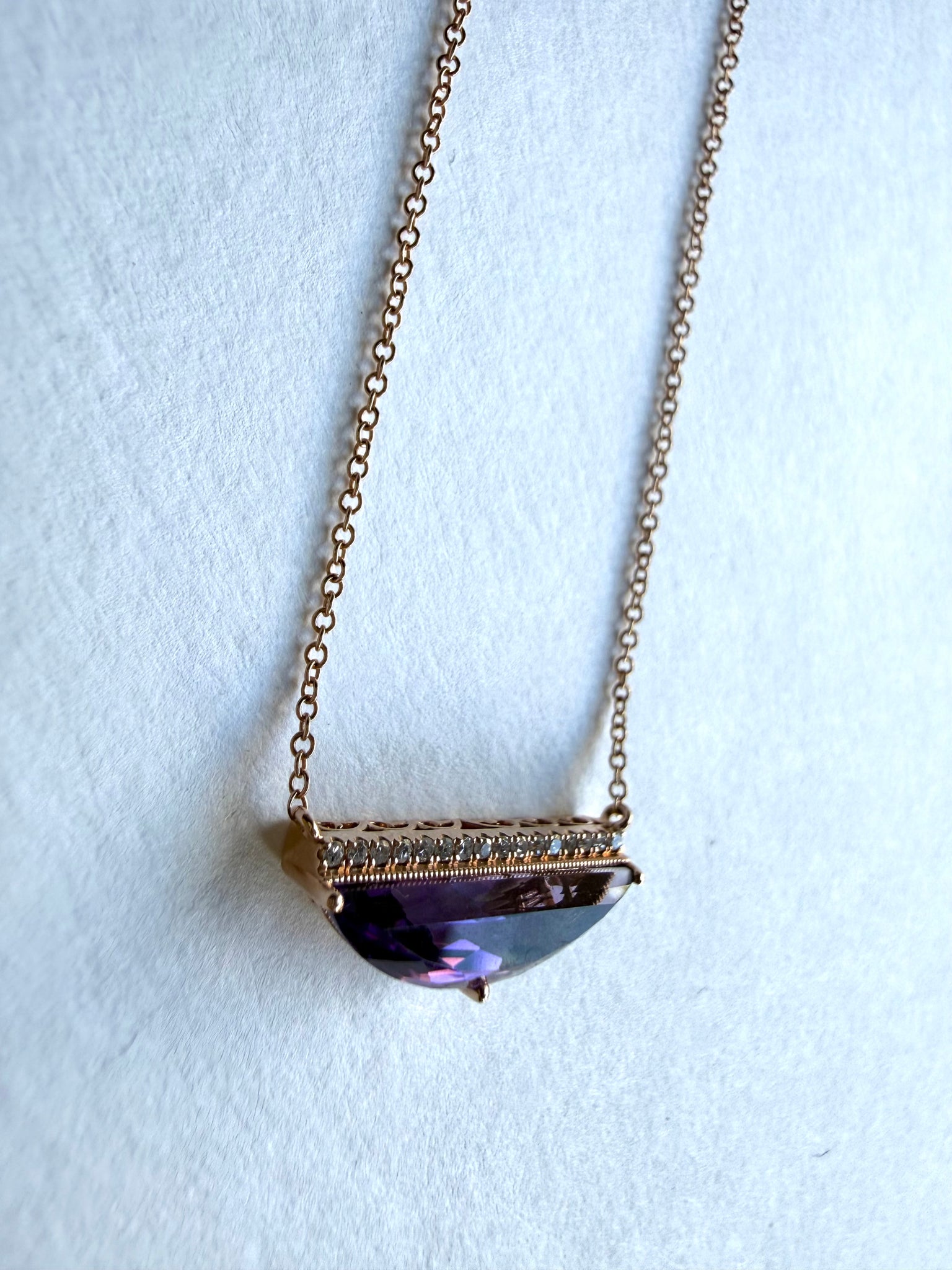 Rose Gold Necklace with Crescent Shaped Amethyst