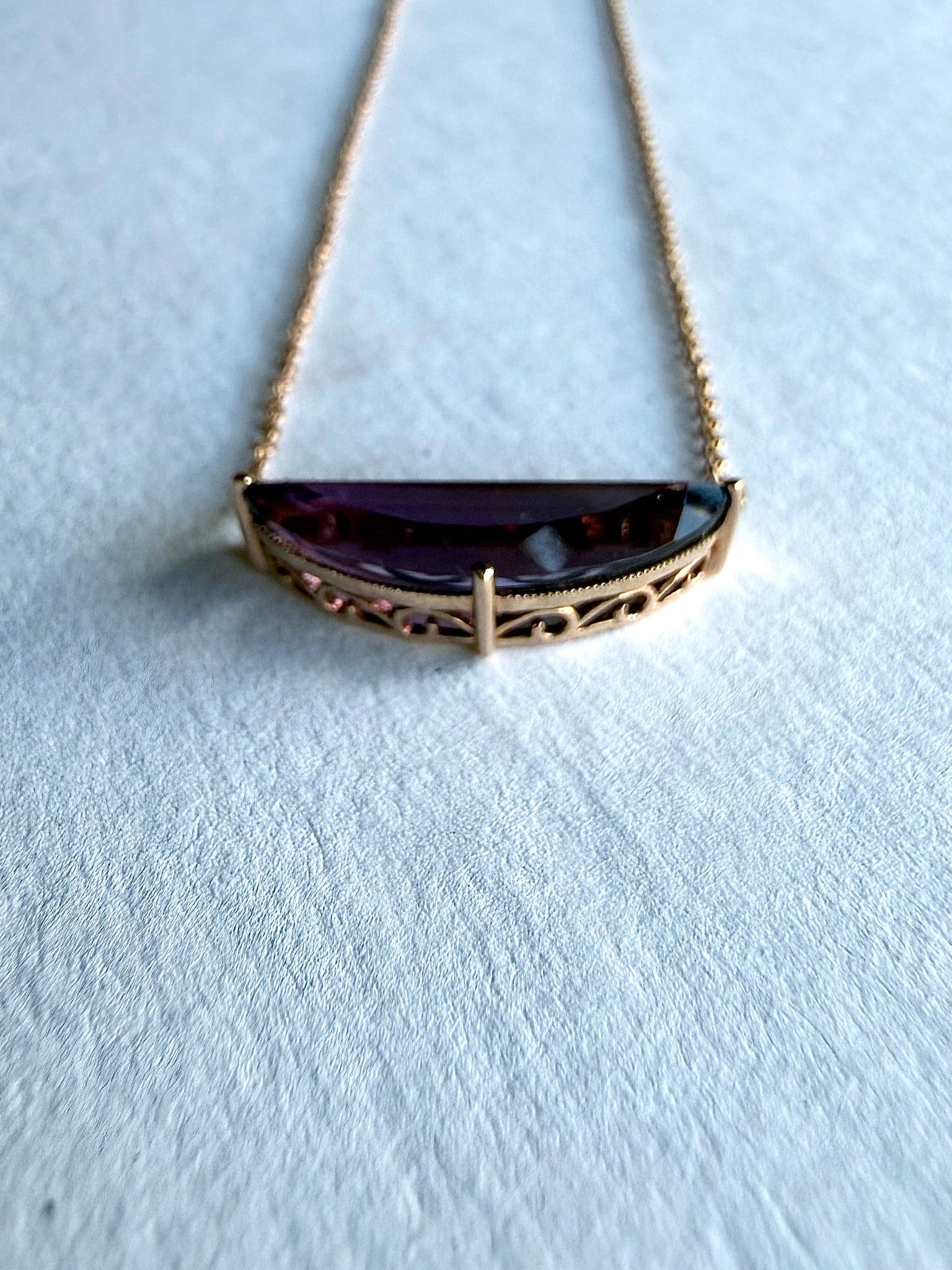 Rose Gold Necklace with Crescent Shaped Amethyst