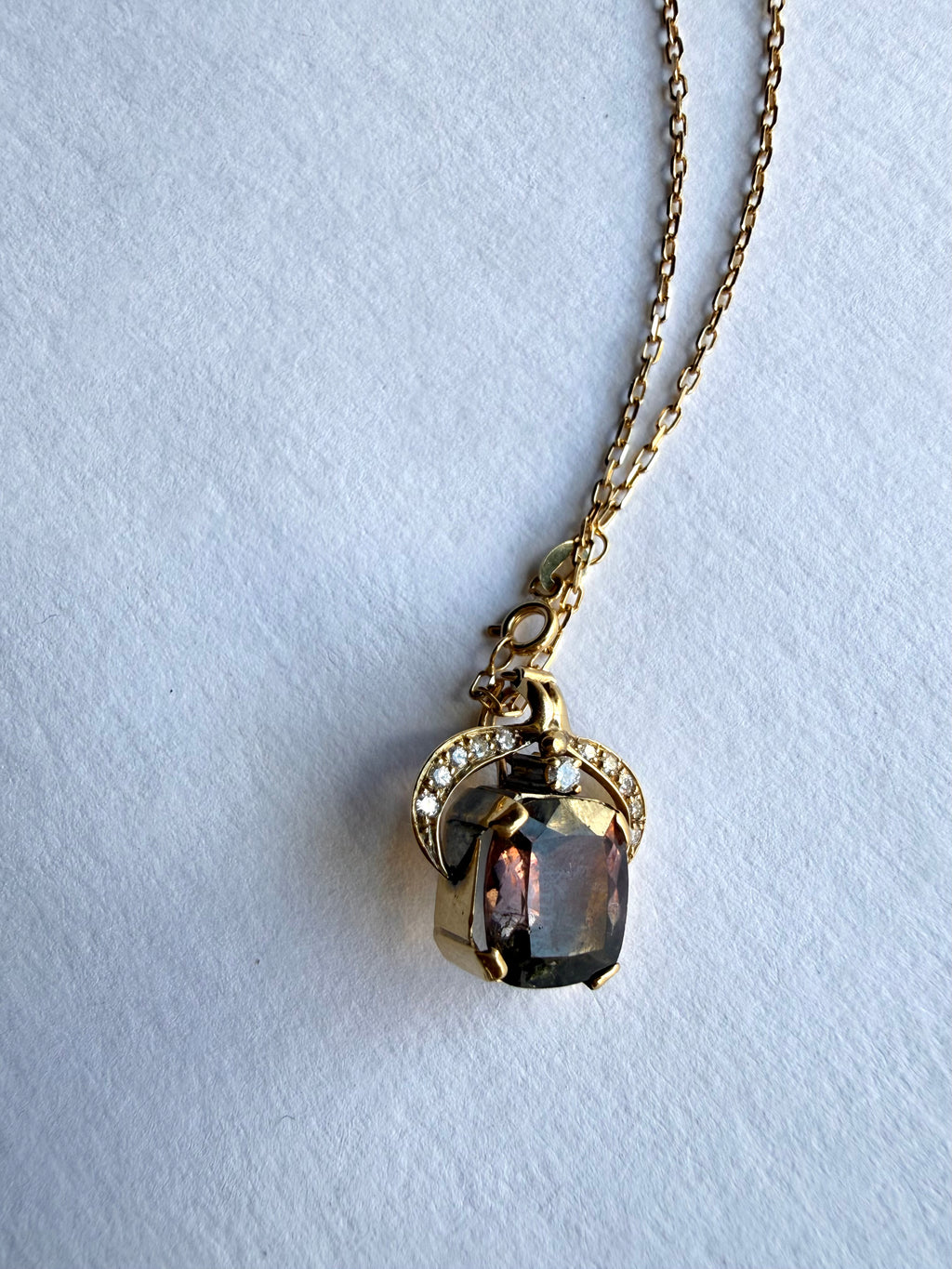 Vintage Gold Pendant Necklace with Smokey Topaz Quartz Stone & Diamonds