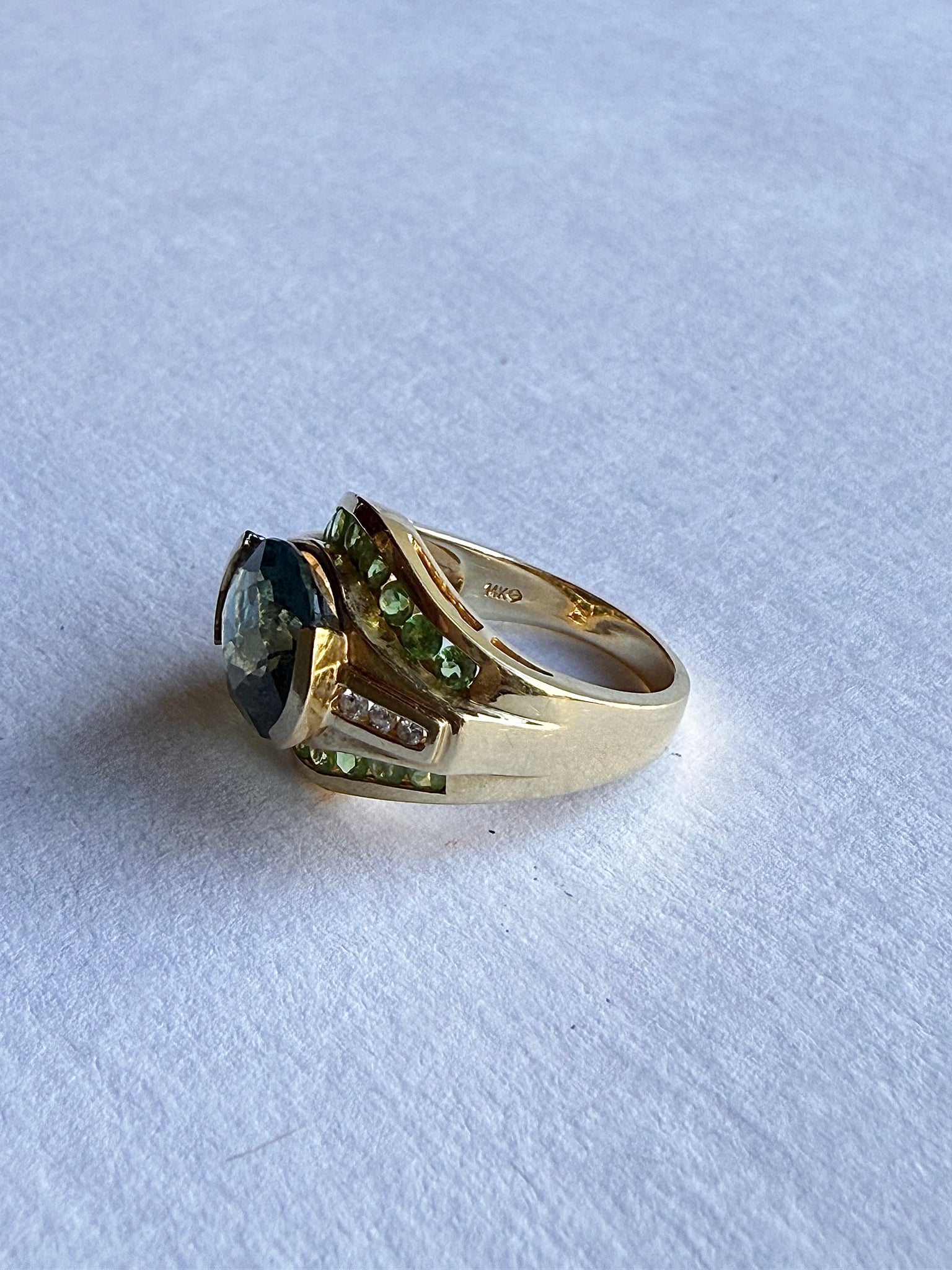 Gold Blue Topaz, Peridot, Diamond Cocktail Ring