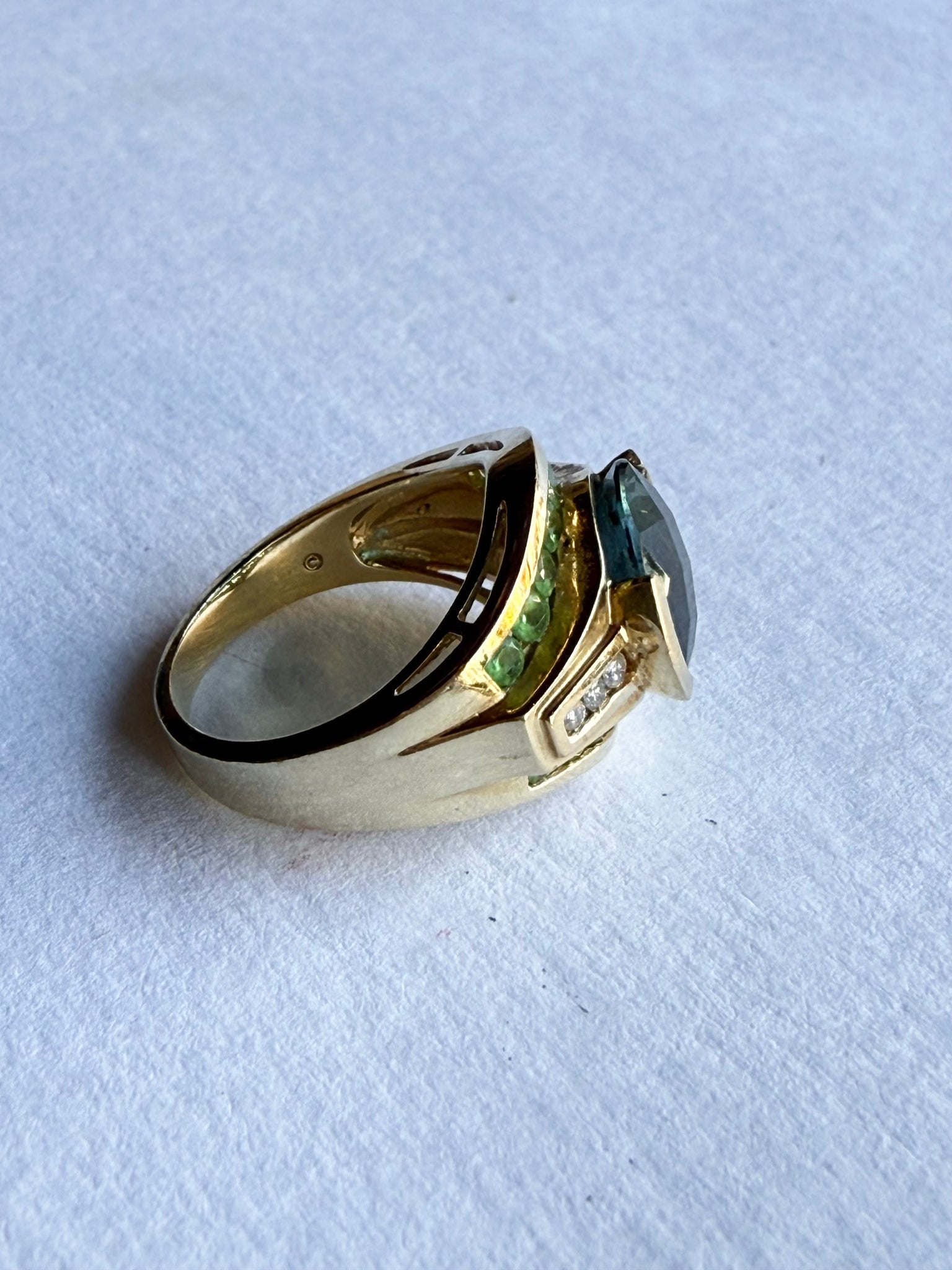 Gold Blue Topaz, Peridot, Diamond Cocktail Ring