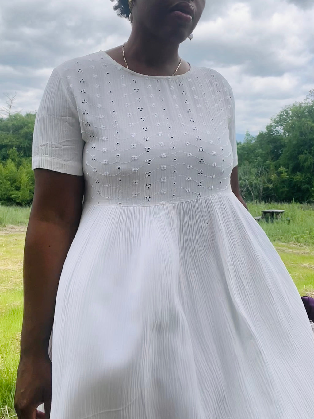 Summer White Crinkled Eyelet Dress