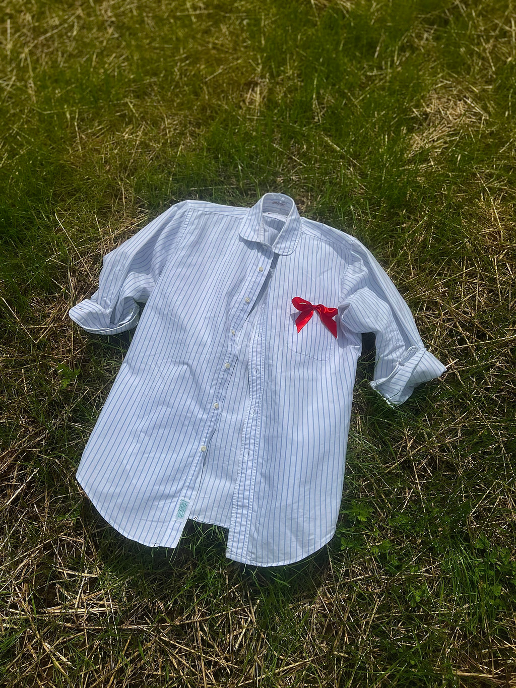 Blue Pinstriped Shirt with Bow