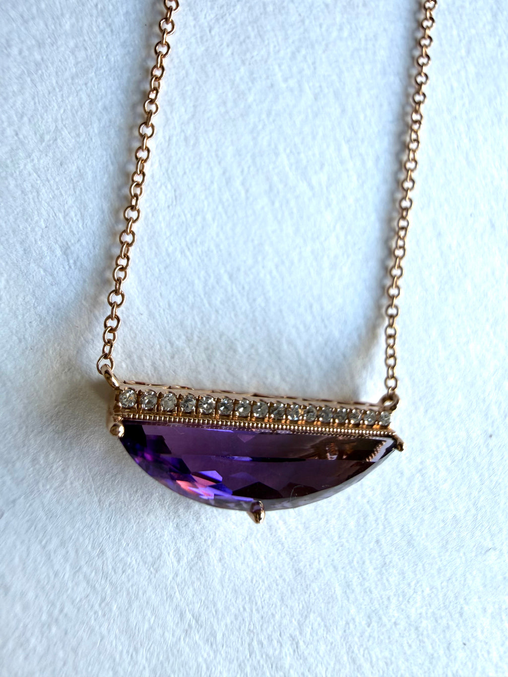 Rose Gold Necklace with Crescent Shaped Amethyst