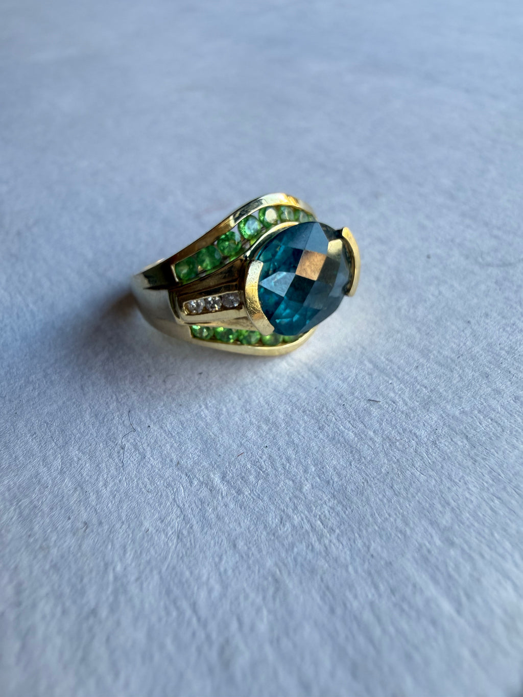 Gold Blue Topaz, Peridot, Diamond Cocktail Ring