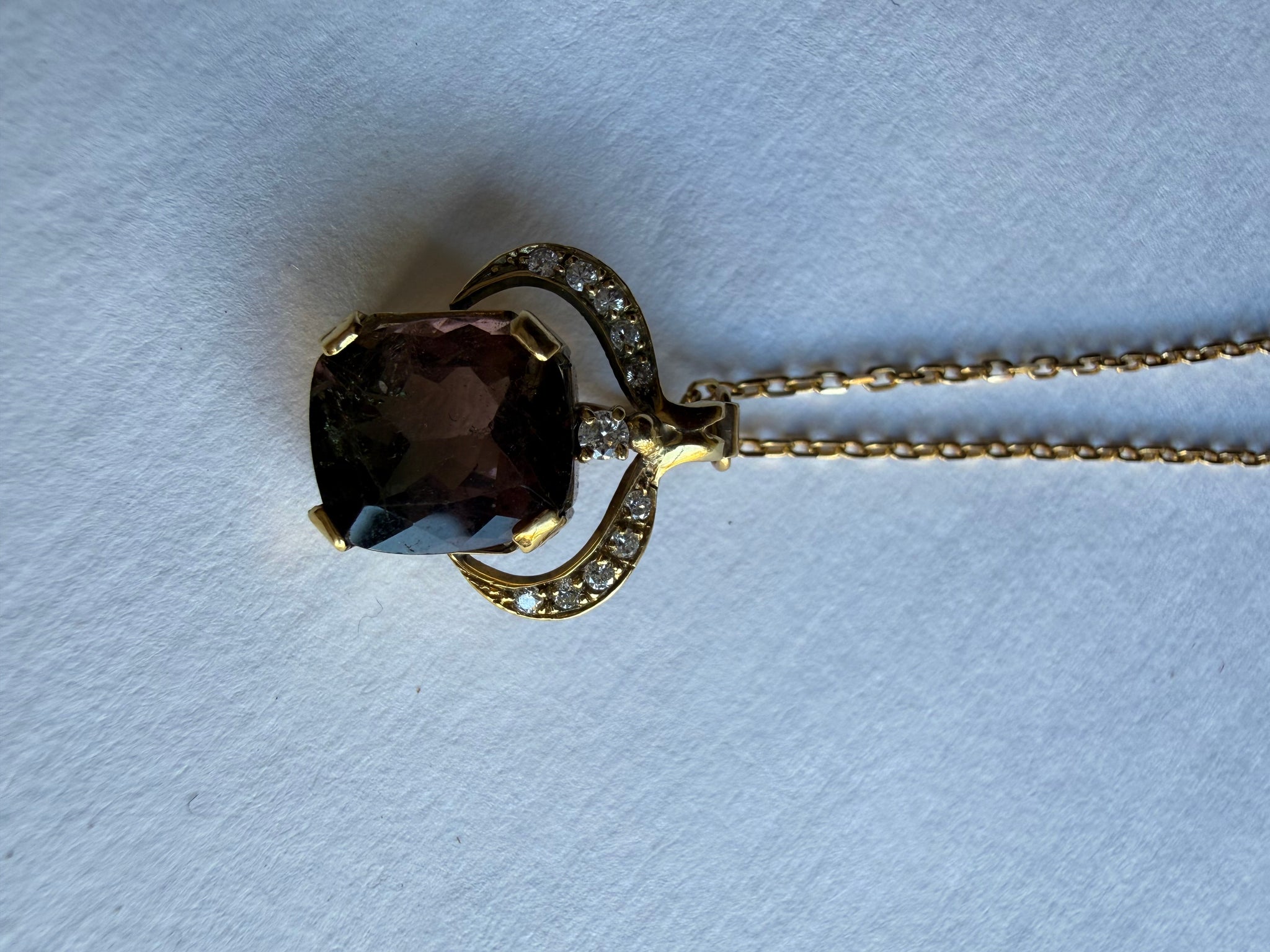 Vintage Gold Pendant Necklace with Smokey Topaz Quartz Stone & Diamonds