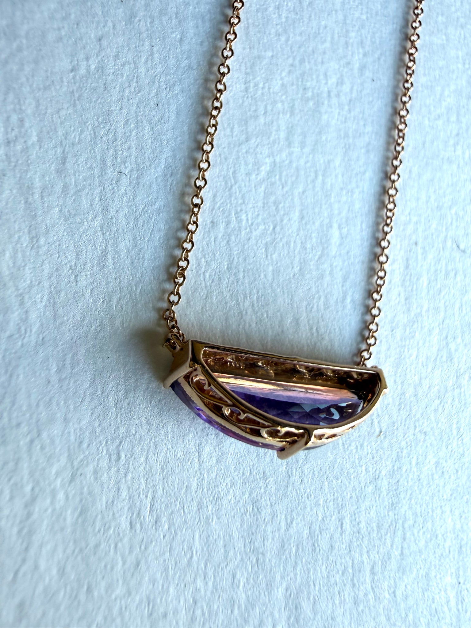 Rose Gold Necklace with Crescent Shaped Amethyst