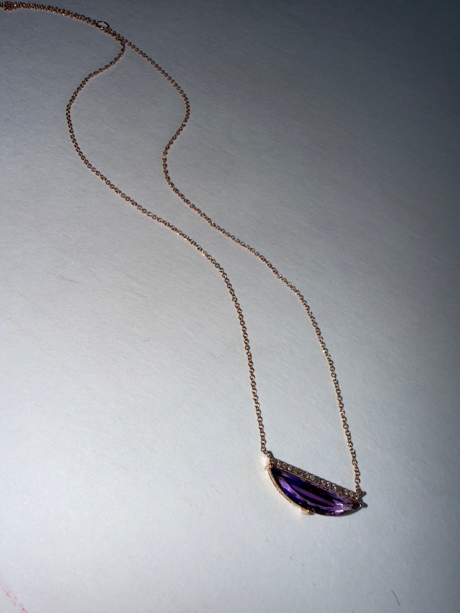 Rose Gold Necklace with Crescent Shaped Amethyst