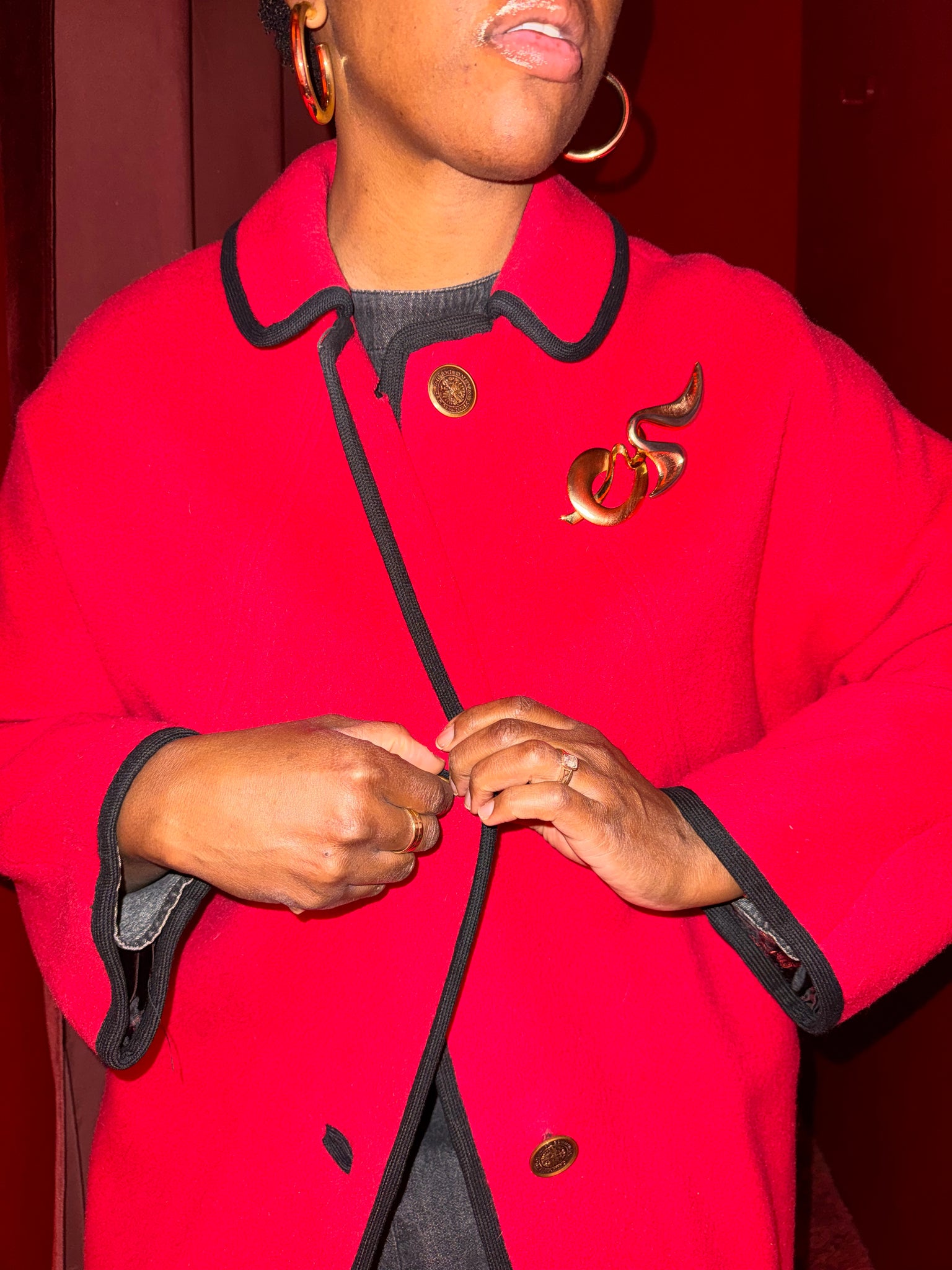 Red Peacoat with Black Piping