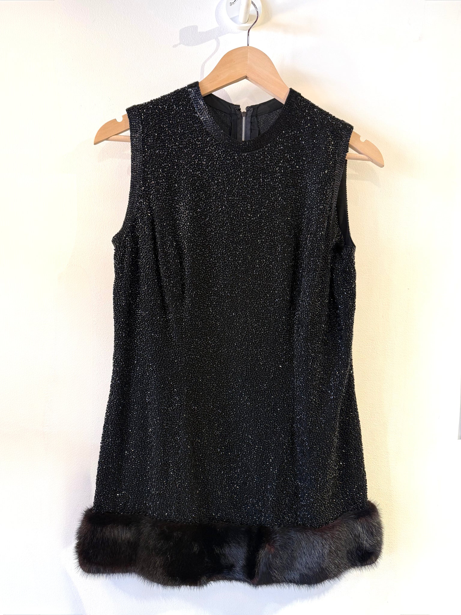Hand-Beaded Black Sheath Dress with Fox Fur Trim