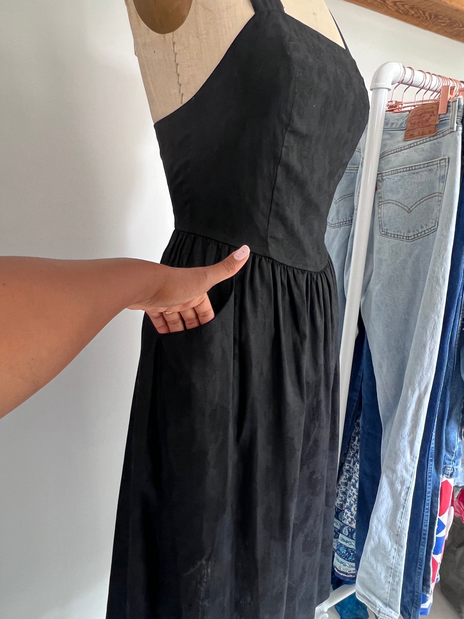 Black Cotton Damask Apron Dress by Laura Ashley